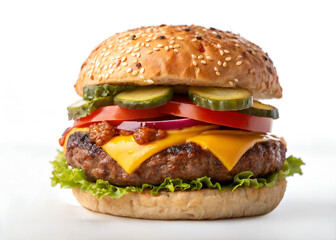 delicious fast food, burger, hamburger, cheeseburger, isolated on white background, full depth of field, clipping path