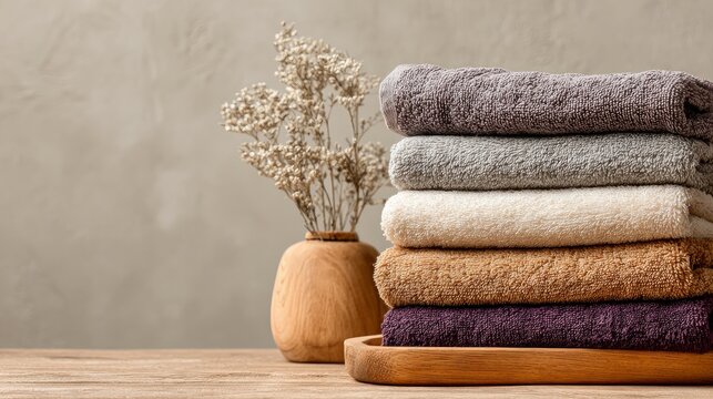 Stack of soft towels neatly folded on a bathroom counter with space for text
