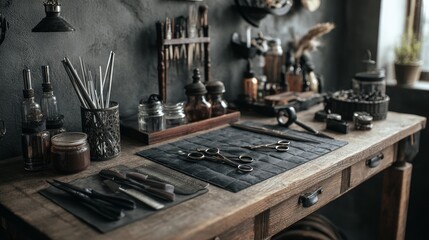 Table setup with professional hairdresser tools inside a salon