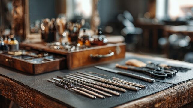 Table setup with professional hairdresser tools inside a salon - Powered by Adobe