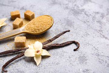 Wooden spoon of vanilla sugar with pods and flower on grey background, closeup