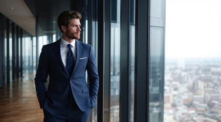 A handsome businessman gazes out a tall office building window, contemplating the cityscape. His smart suit reflects his professional demeanor.