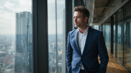 Fototapeta premium Contemplative executive in blue suit looks out window onto city skyline, lost in thought about the day and future of the company