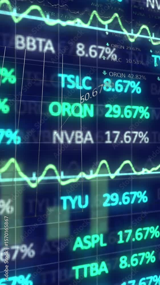 Poster animation of stock market and statistical data processing against blue background