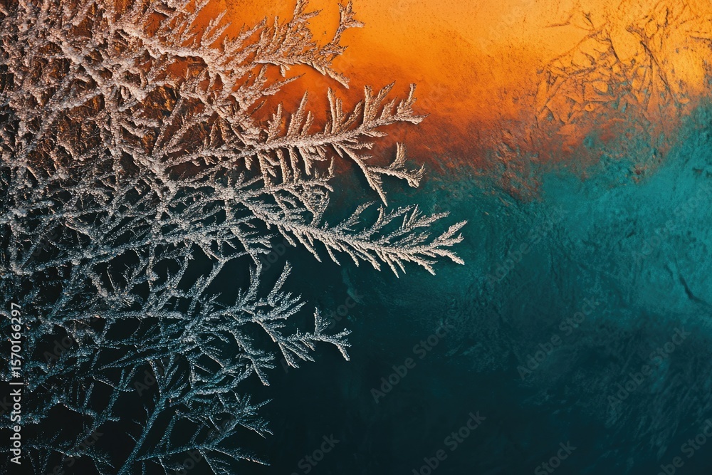 Poster intricate frost patterns on a cold winter windowpane, showcasing a beautiful contrast of colors and 