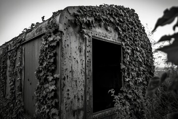 Overgrown rusty train carriage, nature reclaiming man-made structure, monochrome photography.