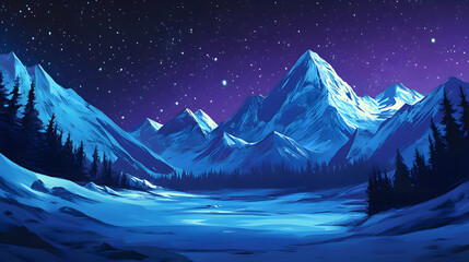 Majestic snow capped mountains under starry night sky