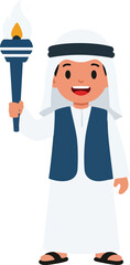Young boy in traditional Middle Eastern clothing holding a burning torch smiling happily vector illustration