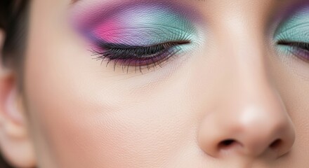 Obraz premium Close-up of colorful eye makeup with bold shades on female eyelid