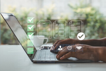 Human resource management digital checklist for recruitment, employee assessment, career development, job compliance, performance review, hiring process, online resume evaluation. Person using laptop.
