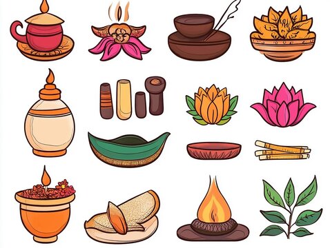 Hinduism Daily Life and Practices Symbolism: Focus on symbolic elements like diyas (oil lamps), incense sticks, bells, flowers (especially marigolds and lotuses), the sacred thread (janeu), and tilak 