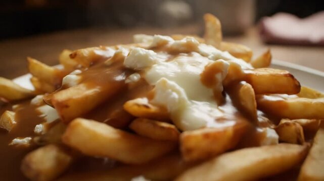 A plate of poutine with gravy and cheese curds on a wooden table in a dimly lit restaurant