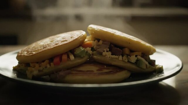 Close up of steaming arepas on a plate sitting on a marble countertop in a kitchen setting