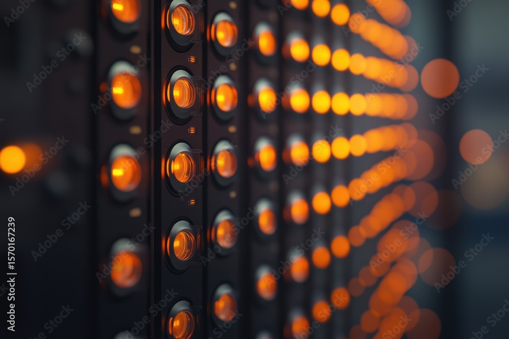 Poster illuminated array of circular switches or buttons, glowing orange, suggesting technology or a contro