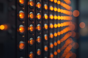 Illuminated array of circular switches or buttons, glowing orange, suggesting technology or a control panel.