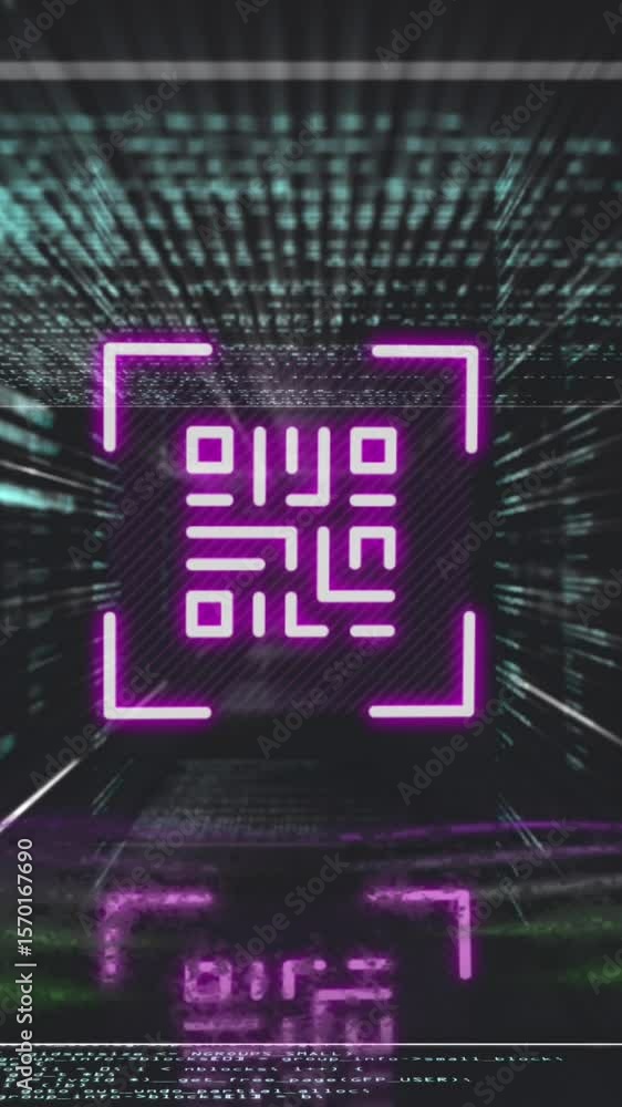 Poster animation of qr code in viewfinder and arrows over programming language against black background