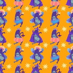 Halloween animals cartoon seamless frogs monsters pattern for wrapping and kids clothes print and party accessories