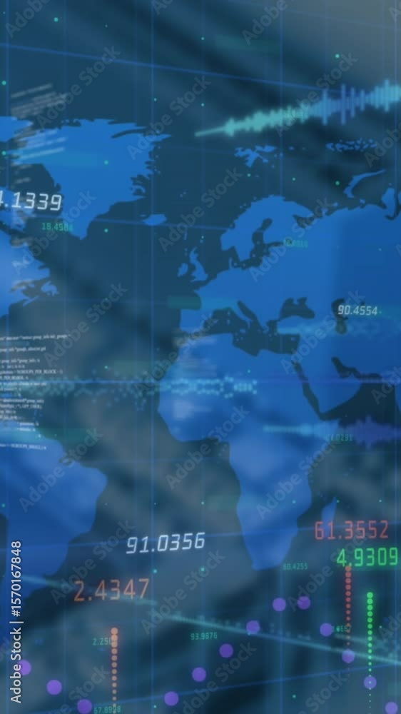 Aufkleber animation of financial data processing over world map against close up of a computer server