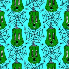 Autumn harvest vegetable seamless monster Halloween pumpkins pattern for wrapping paper and fabrics