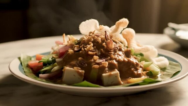 Close up of gado gado salad with peanut sauce tofu and crackers on a plate on a marble table