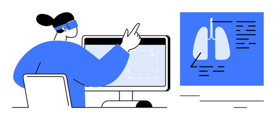 Medical professional reviewing lung diagram and data on a screen, gesturing at diagnostic visuals. Ideal for healthcare, telemedicine, medical training, diagnostics, technology, science, education