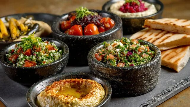 An assortment of Middle Eastern appetizers, offering a colorful and flavorful dining experience.