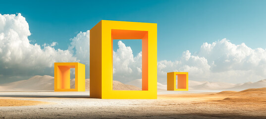 Yellow geometric frames standing in a sandy desert.