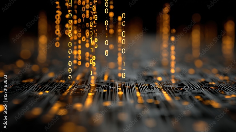 Poster binary code represented by glowing digits falls against a textured circuit board background, evoking