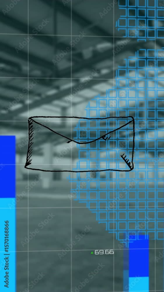 Poster animation of message icon and statistical data processing over world map against empty warehouse
