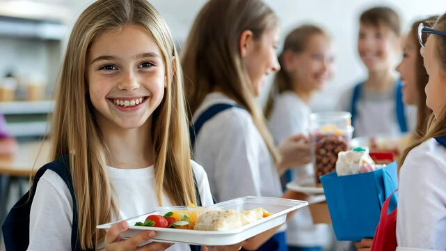 Smiling students holding lunch trays in school cafeteria line