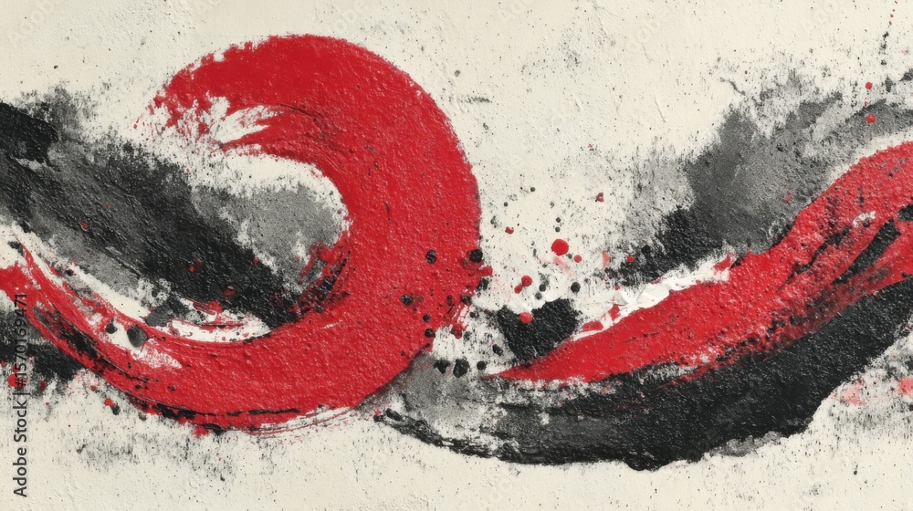 Poster bold waves of red and black sweep across a textured surface, showcasing energetic brush strokes and 