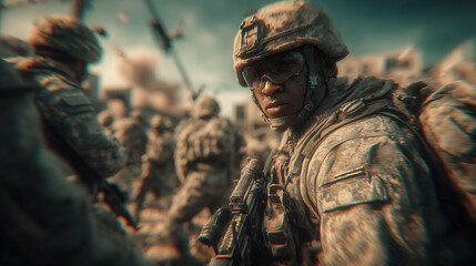 Obraz premium Close-up of a soldier in camouflage uniform, amidst a large group of soldiers in a war scene.
