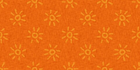 Bright orange sunny sky seamless border. Freehand playful nursery sunshine summer banner. 