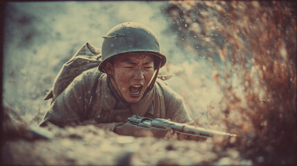 Fototapeta premium A soldier in a military uniform, crouched and aiming a rifle, amidst smoke and debris of a battle scene.