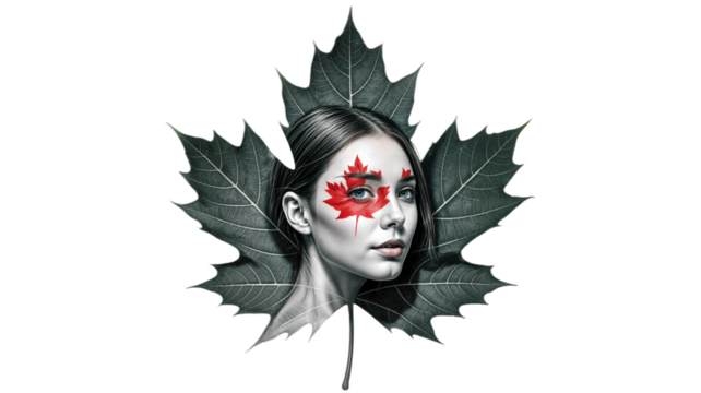 Young woman with Canadian flag face paint on a maple leaf background
