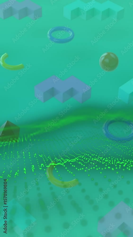 Poster animation of green mesh over rows of abstract shapes pattern on green background