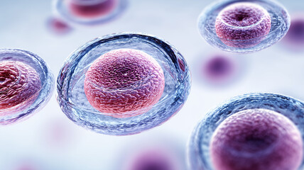 A detailed biomedical illustration featuring translucent pink stem cells suspended in a fluid matrix, highlighting cellular therapy and regenerative science advancements.

