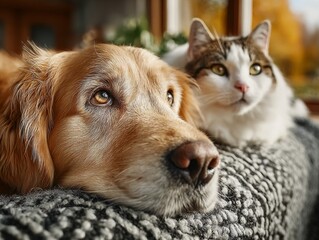 Dos adorables cachorritos de perro y gato felices descansando sobre la manta en una casa.