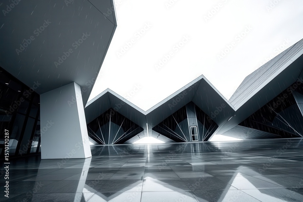 Poster abstract architecture: modern building design featuring geometric shapes and reflective surfaces.