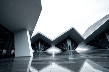 Obraz premium Abstract Architecture: Modern building design featuring geometric shapes and reflective surfaces.