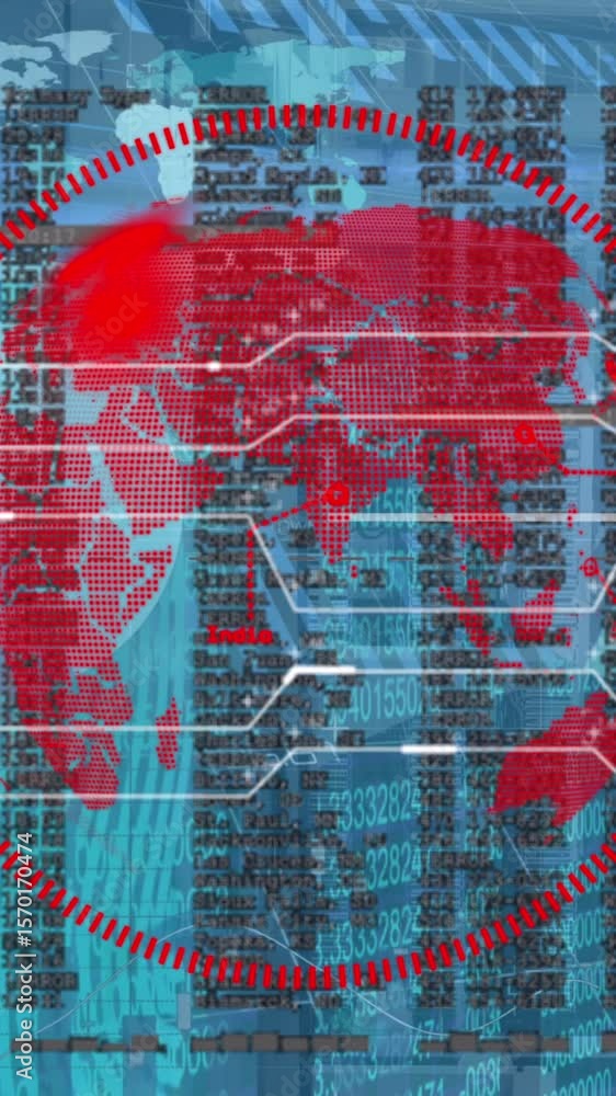 Poster Animation of data processing over spinning globe icon against computer server room