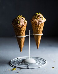 Two ice cream cones with pink-colored ice cream and garnished with pistachios and a jelly-like...