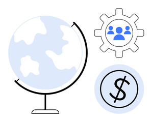 Globe highlighting global perspective, gear with people emphasizing teamwork, and dollar sign indicating finance. Ideal for business, economy, globalization, teamwork, strategy, education