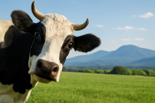Black white cow looking at camera in green field horn - Powered by Adobe