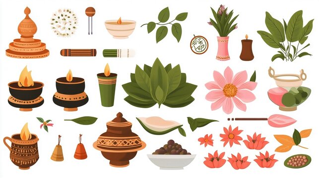 Hinduism Daily Life and Practices Symbolism: Focus on symbolic elements like diyas (oil lamps), incense sticks, bells, flowers (especially marigolds and lotuses), the sacred thread (janeu), and tilak 