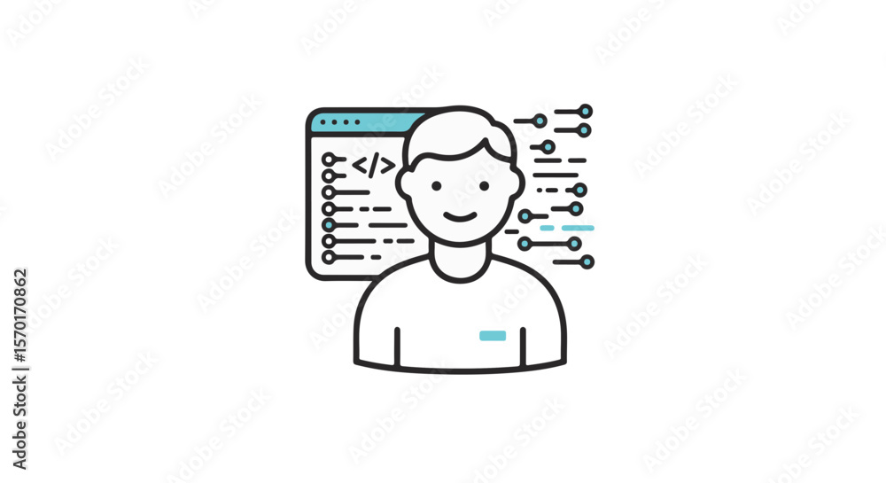 Poster illustration of a person in front of the coding platform