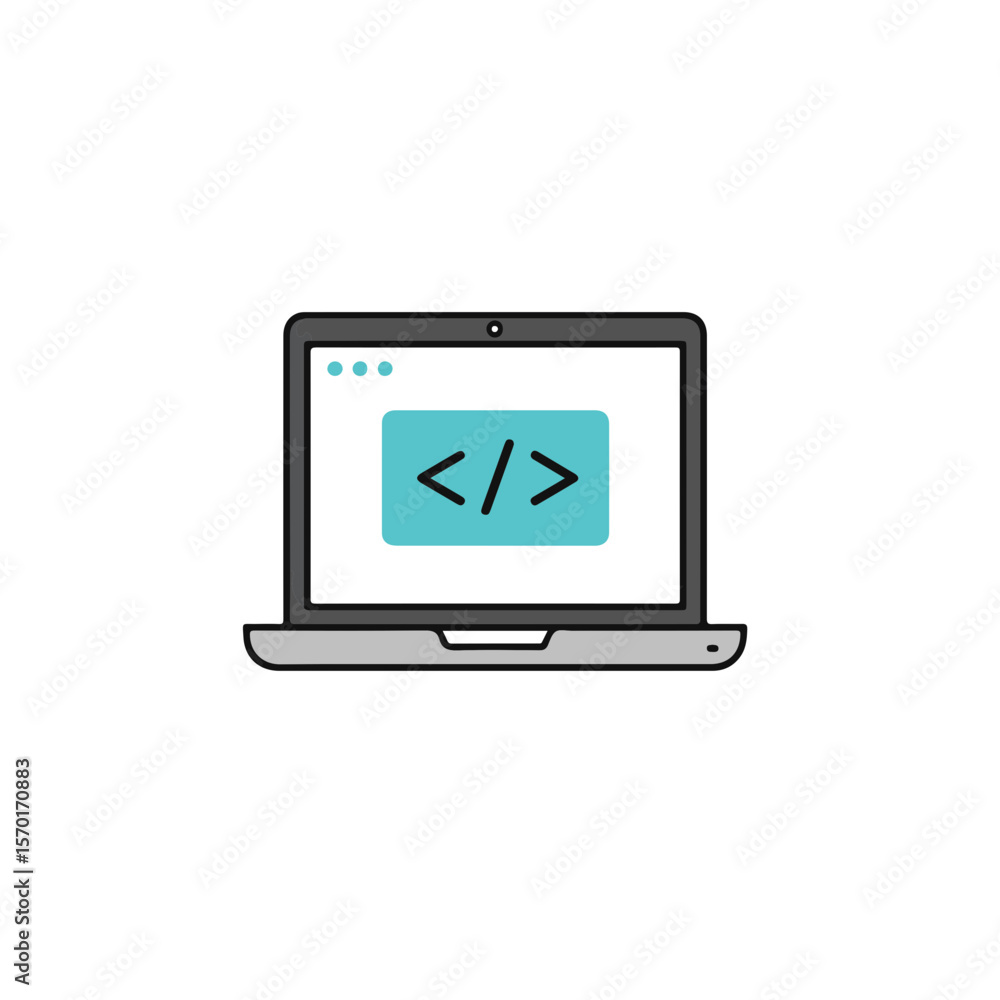 Poster laptop with coding symbol, perfect for technology and computer visuals.