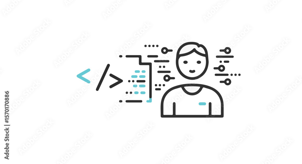 Fototapete An icon design depicting a programmer surrounded by code and abstract technology elements.