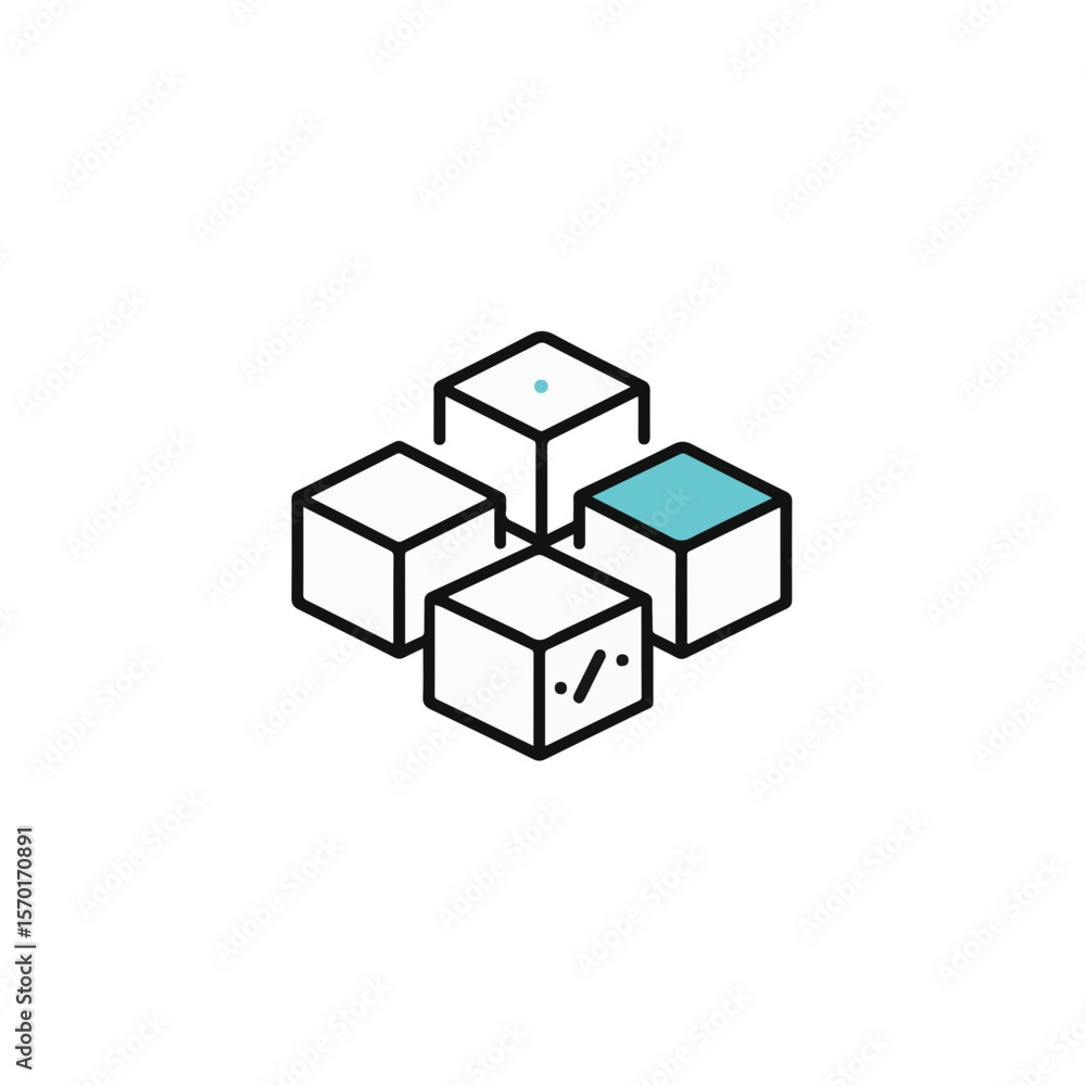 Poster simple, minimalist design of four cube shapes, with one highlighted in cyan color.