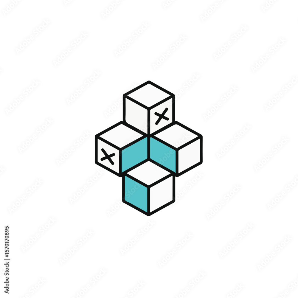 Poster abstract design featuring four stacked cubes with an 'x' marked on two sides.